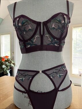 Thistle and Spire Plum Floral Embroidered Mesh Bra & Thong Set
